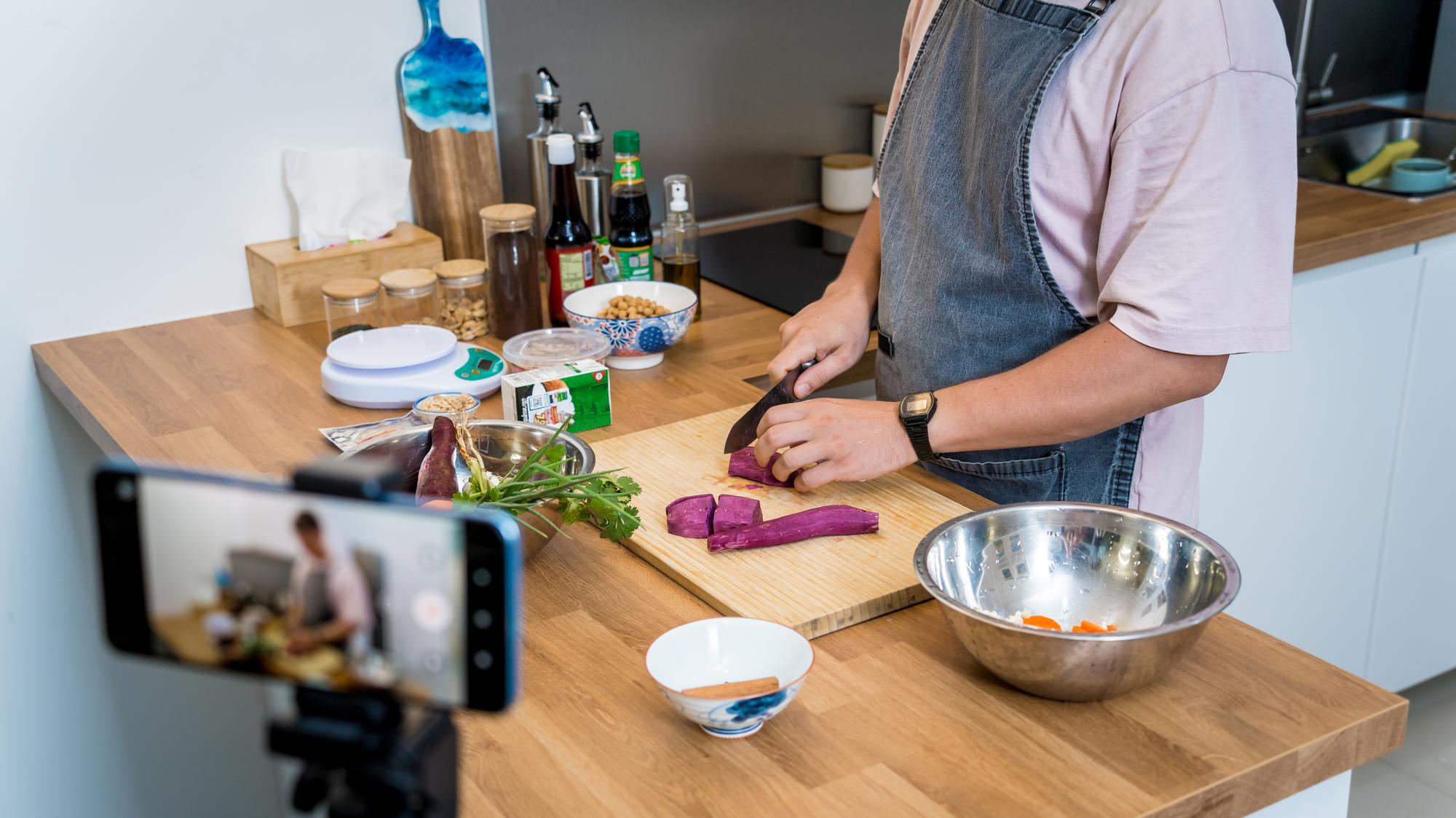home kitchen setup with camera and lights